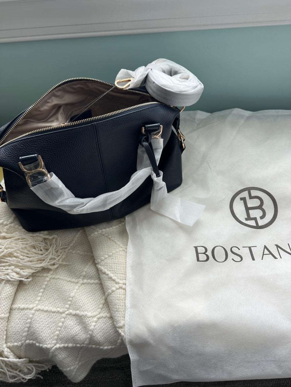 New Bostanten Navy Leather Satchel with Gold Hardware